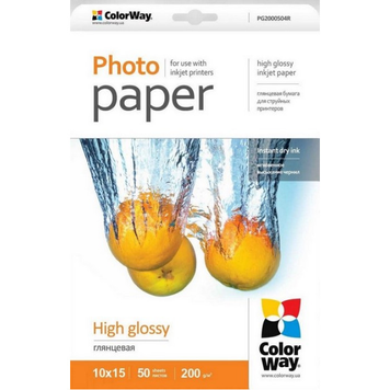 Фотопапір ColorWay глянцевий 10x15, 200г/м, 50л PG200-50 PG2000504R фото